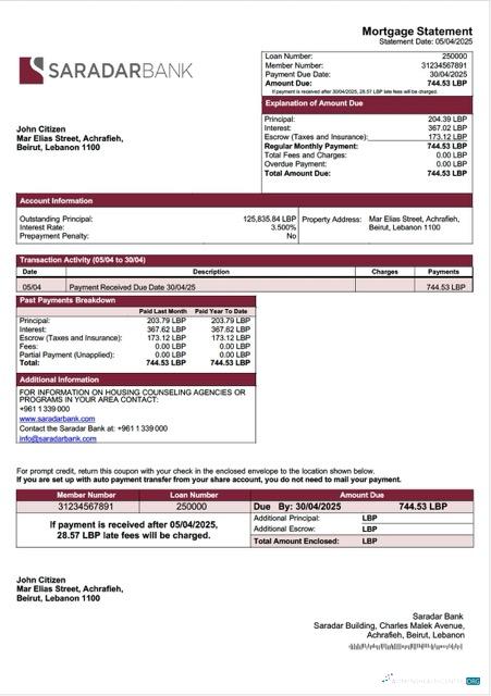 Download Lebanon Saradar Bank mortgage statement Word and PDF template Photoshop template